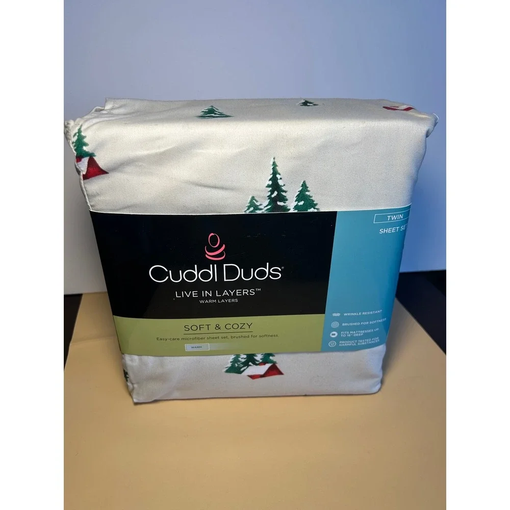 Cuddl Duds Twin Sheet Set Forest Barn Green Trees Red House Soft Cozy 3PC NEW